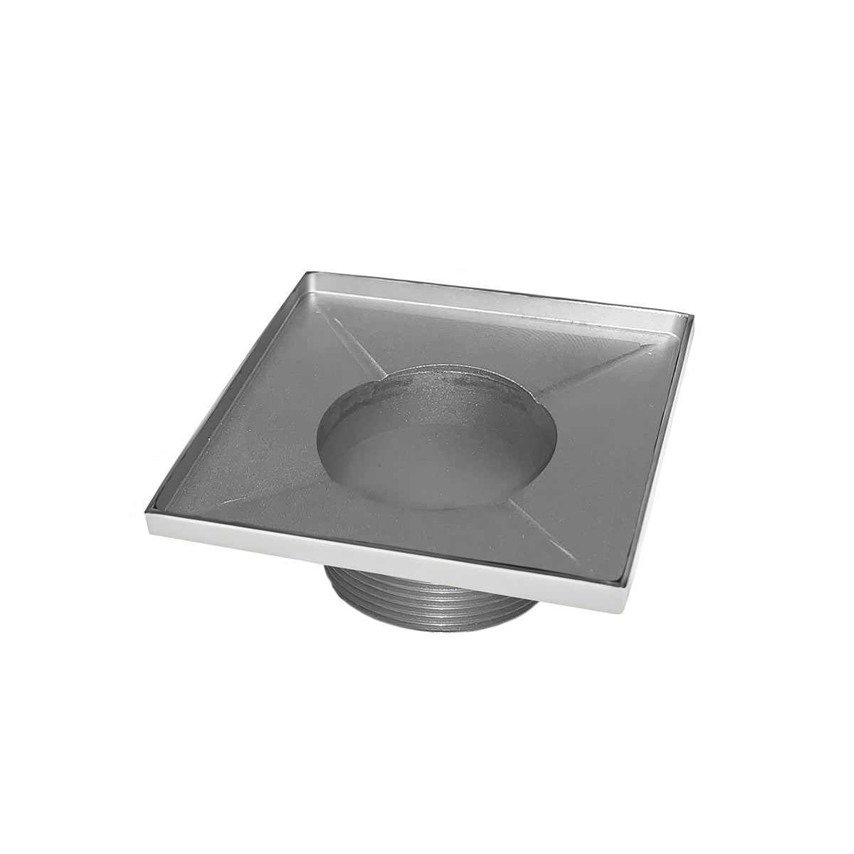 Square satin stainless steel drain with center opening and sloped interior surface, threaded outlet connection visible undern