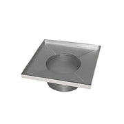 Square satin stainless steel drain with center opening and sloped interior surface, threaded outlet connection visible undern