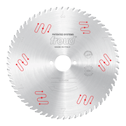Silver circular saw blade with carbide-tipped teeth, center arbor hole, and red Freud branding and patent markings.
