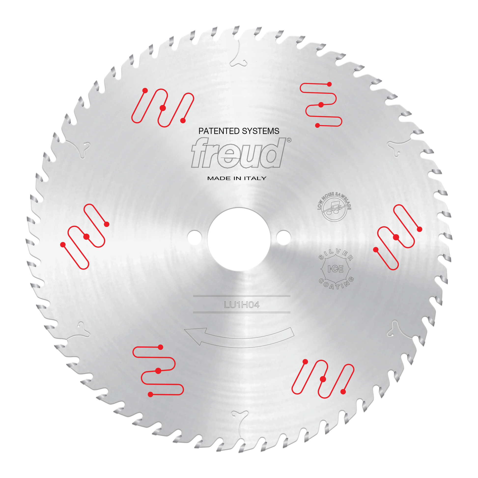 Silver circular saw blade with carbide-tipped teeth, center arbor hole, and red Freud branding and patent markings.