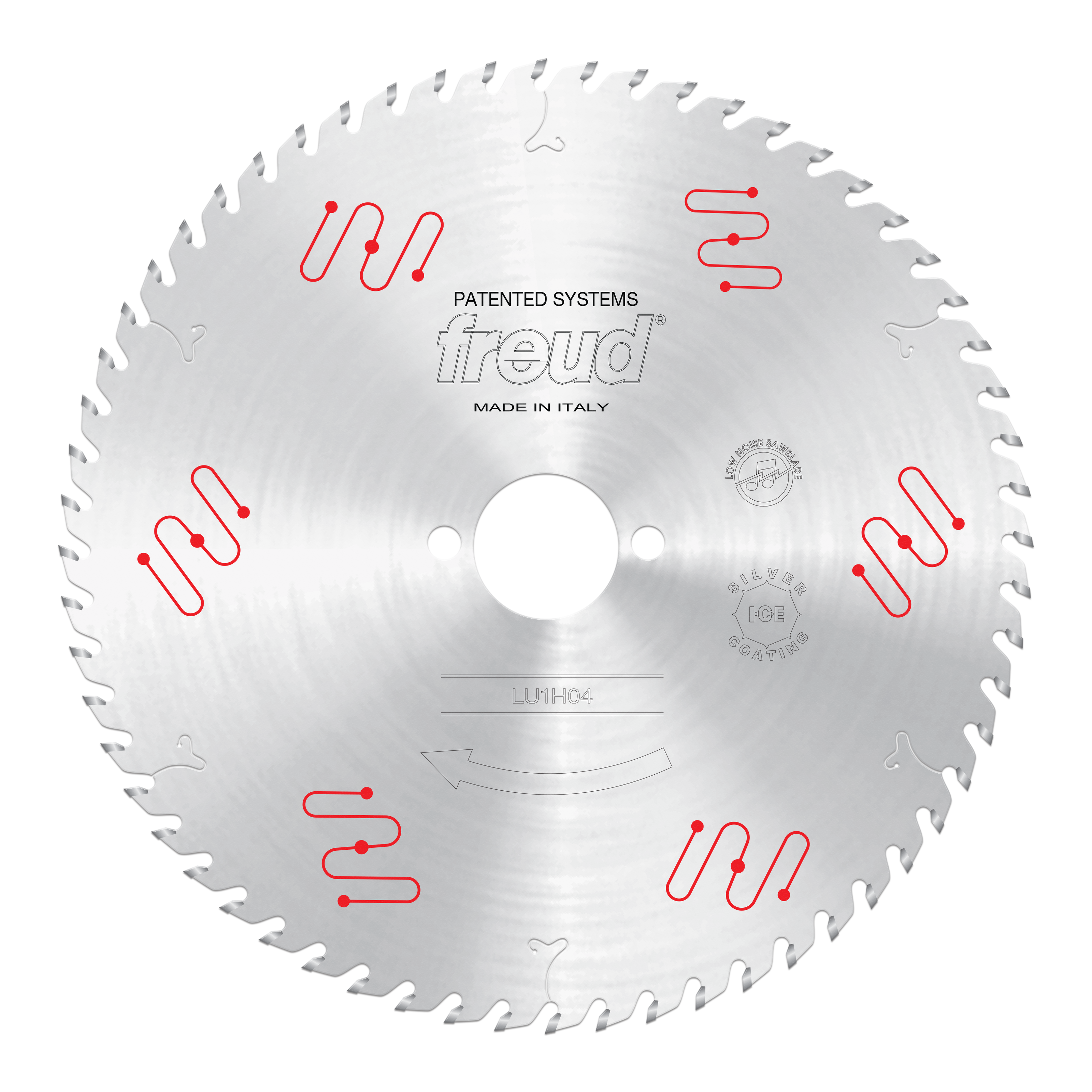 Silver circular saw blade with carbide-tipped teeth, center arbor hole, and red Freud branding and patent markings.