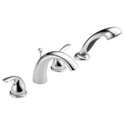 Chrome Roman tub faucet with curved spout, two handles, and detachable hand shower wand.