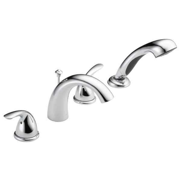 Chrome Roman tub faucet with curved spout, two handles, and detachable hand shower wand.