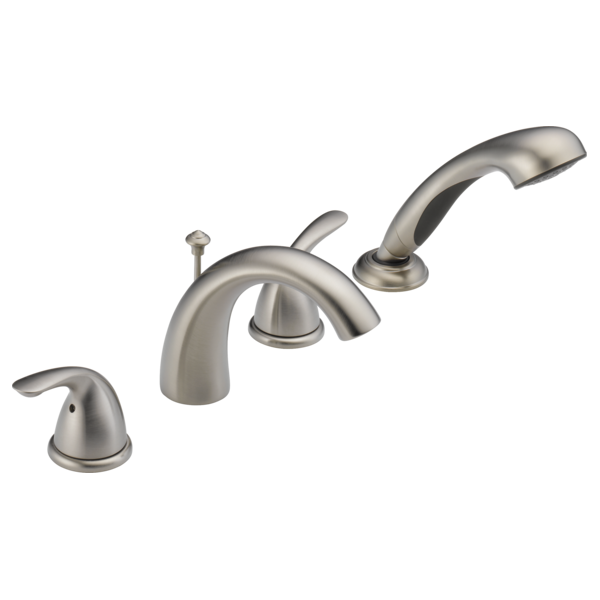 Brushed nickel three-piece Roman tub faucet with curved spout, hand shower, and two lever handles.
