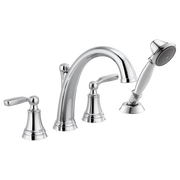 Chrome Roman tub faucet with curved spout, two lever handles, and detachable hand shower.