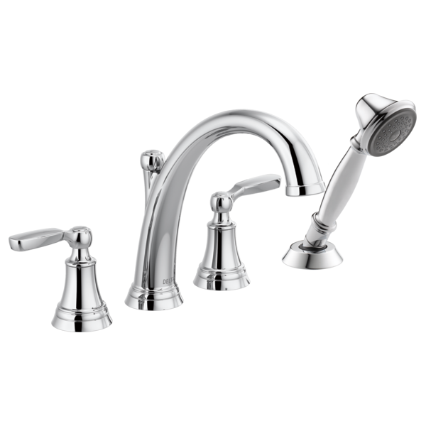 Chrome Roman tub faucet with curved spout, two lever handles, and detachable hand shower.