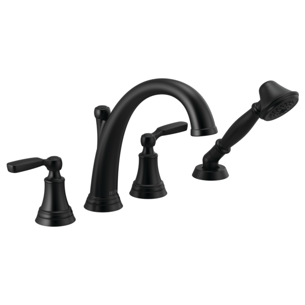 Black Delta Woodhurst Roman tub faucet with curved spout, lever handles, and detachable hand shower.