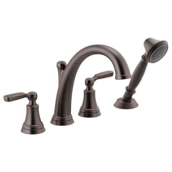 Oil-rubbed bronze Roman tub faucet with curved spout, lever handles, and detachable hand shower.