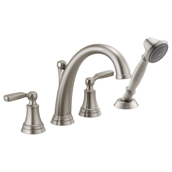 Brushed nickel Roman tub faucet with arched spout, lever handles, and detachable hand shower.