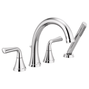 Chrome roman tub faucet with curved spout, two handles, and detachable hand shower.
