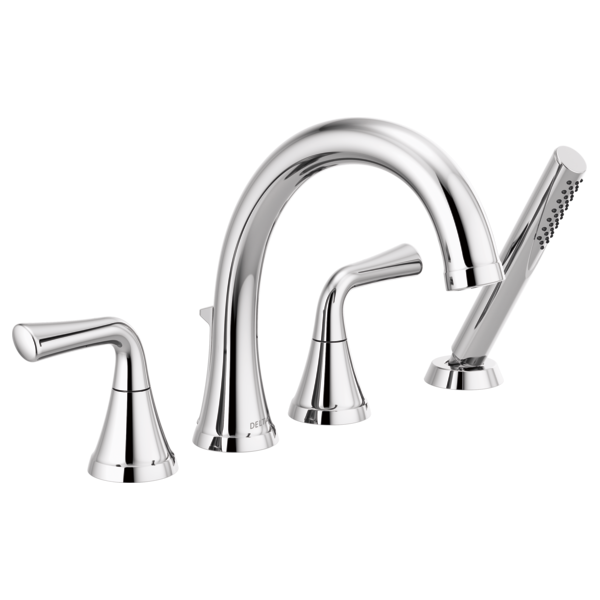 Chrome roman tub faucet with curved spout, two handles, and detachable hand shower.