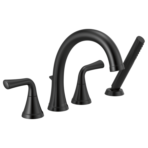 Black Delta Kayra roman tub trim with curved spout, two lever handles, and detachable hand shower.