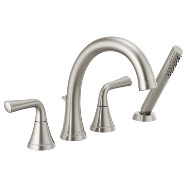 Brushed nickel four-piece Roman tub faucet with curved spout, two lever handles, and detachable hand shower.