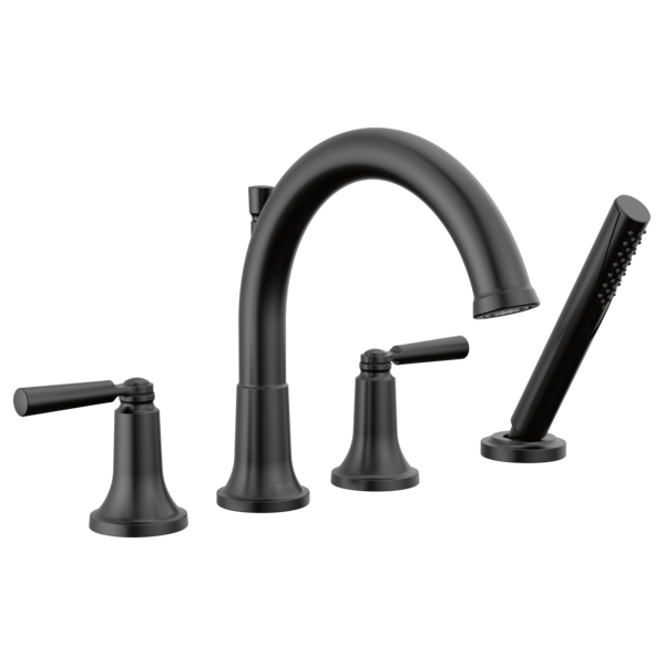 Four-piece black matte Roman tub trim set with curved spout, dual lever handles, and handheld shower.