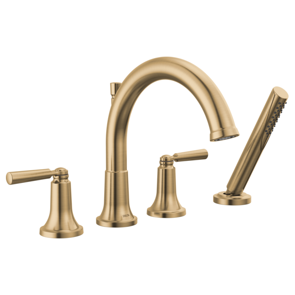 Champagne bronze four-piece Roman tub trim with high-arc spout, lever handles, and detachable hand shower.