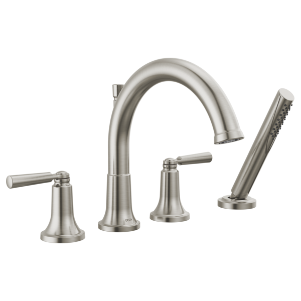 Brushed nickel four-piece roman tub trim with curved spout, lever handles, and handheld shower head.