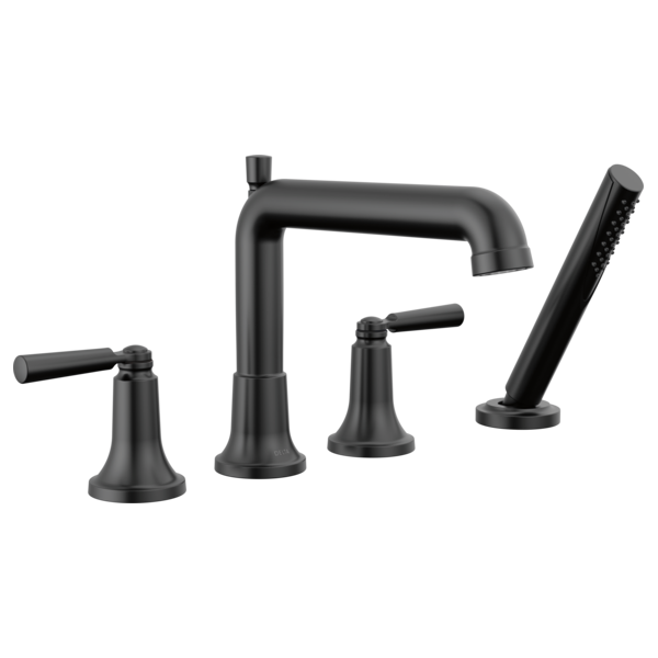 Four-piece matte black Roman tub trim set with curved spout, lever handles, and handheld shower wand.