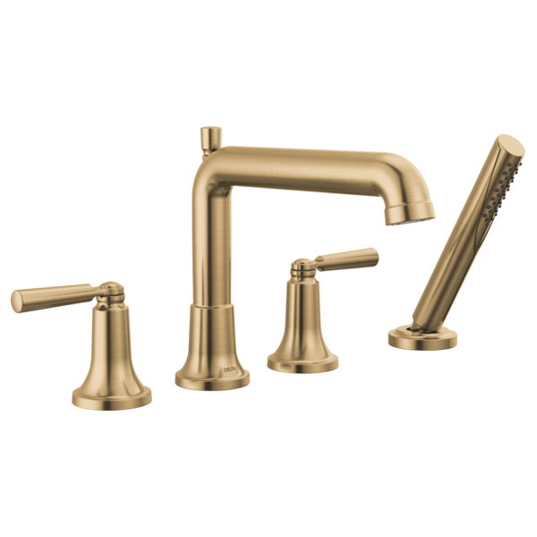 Champagne bronze four-piece roman tub trim set with curved spout, lever handles, and detachable hand shower.