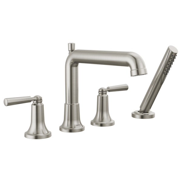 Brushed nickel Roman tub trim with four-piece deck-mounted faucet and matching hand shower.