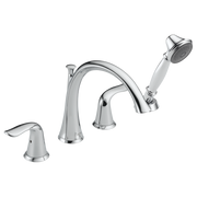 Chrome roman tub faucet with curved spout, two lever handles, and detachable handshower on right side.