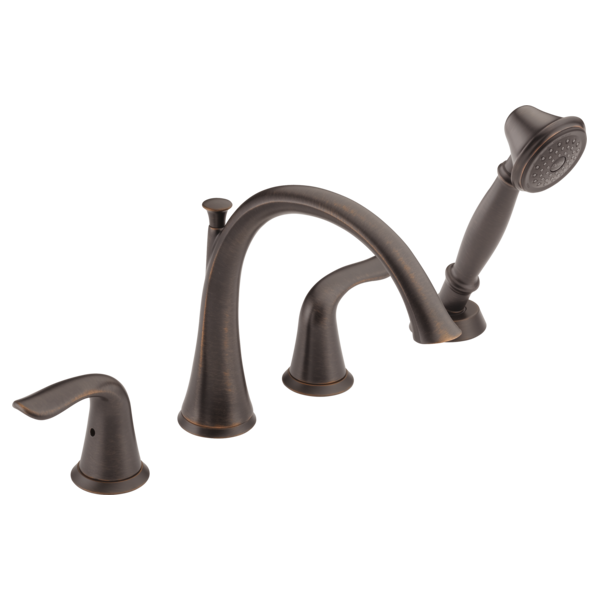 Bronze Delta Lahara roman tub faucet with curved spout, two handles, and detachable handheld showerhead.