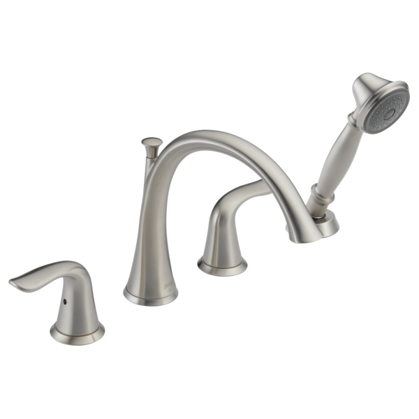 Chrome Roman tub faucet with curved spout, two lever handles, and detachable handheld showerhead.