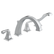 Chrome Roman tub faucet with two curved handles and detachable hand shower wand.