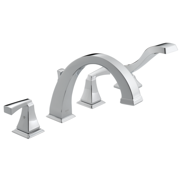 Chrome Roman tub faucet with two curved handles and detachable hand shower wand.