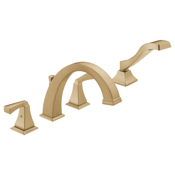 Champagne bronze Roman tub faucet with curved spout, two handles, and detachable hand shower on right side.