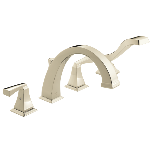 Champagne-colored roman tub faucet with two curved handles and detached hand shower on right.