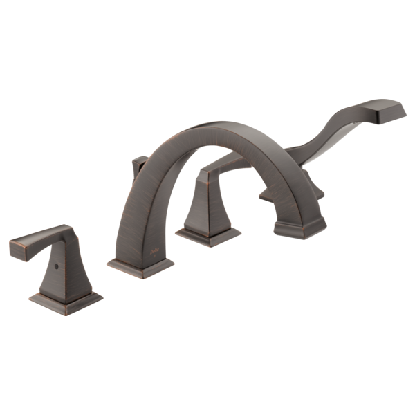 Bronze Roman tub faucet trim with curved spout and separate hand shower sprayer attachment.