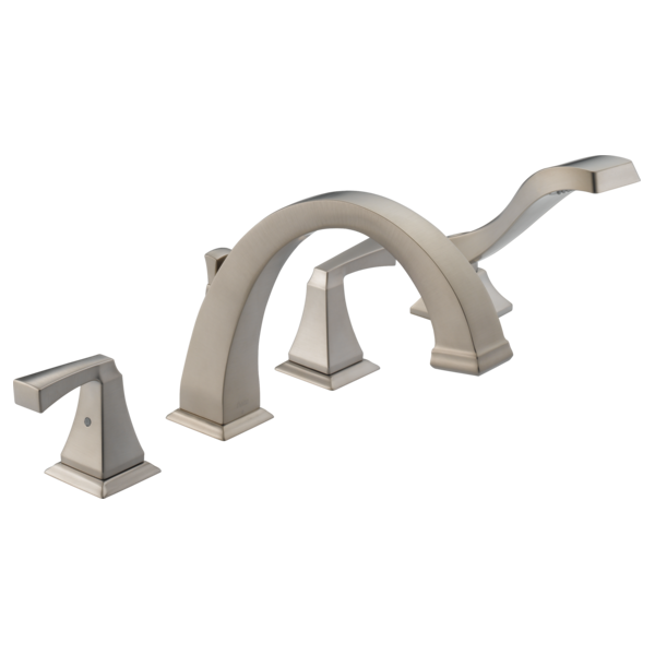 Brushed nickel roman tub faucet with two curved spouts and separate hand shower attachment on right side.