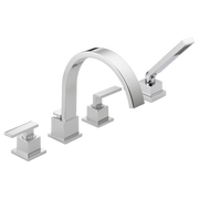 Chrome four-piece roman tub trim with curved spout, hand shower, and square handles on white background.