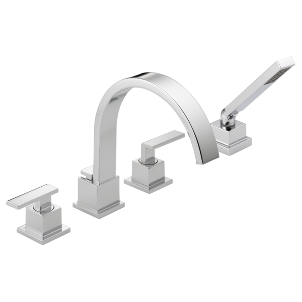 Chrome four-piece roman tub trim with curved spout, hand shower, and square handles on white background.