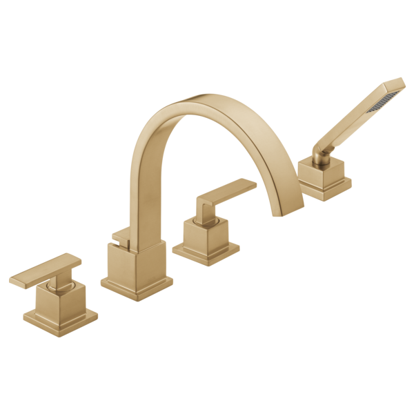 Champagne bronze Roman tub trim with curved spout, hand shower, and three handle controls on square bases.