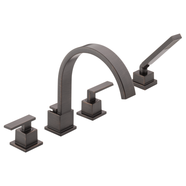 Chrome Roman tub trim with curved spout, hand shower wand, and square-base handles in matte black finish.