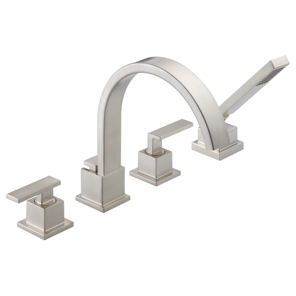 Brushed nickel Roman tub trim with curved spout, two handles, and detachable hand shower wand.
