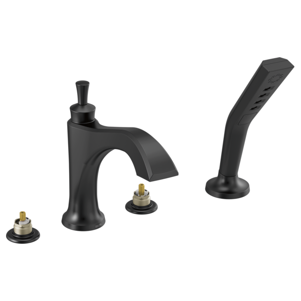 Black Delta Dorval roman tub trim with curved spout, hand shower, and three valve trim components.