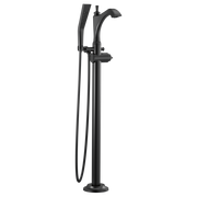 Black floor-mount tub filler with curved spout, handheld showerhead, and hose attachment on vertical stem.