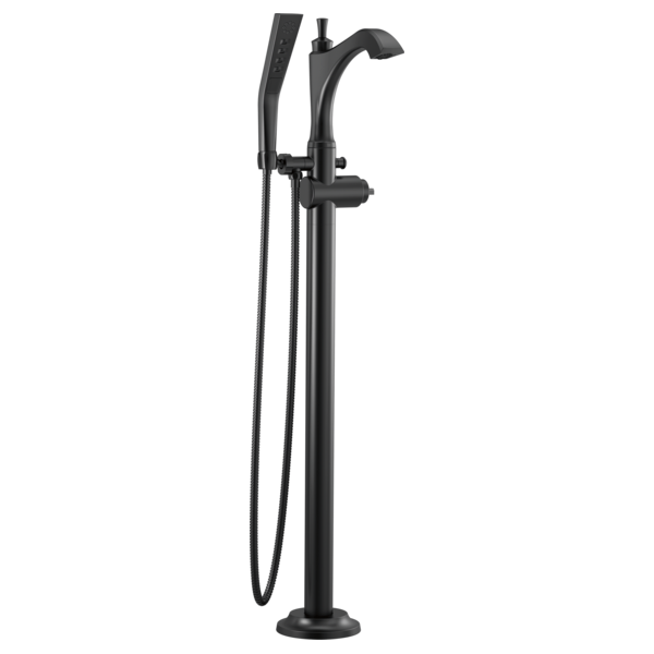 Black floor-mount tub filler with curved spout, handheld showerhead, and hose attachment on vertical stem.