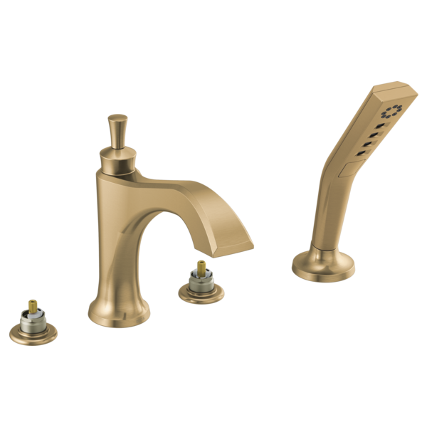 Champagne bronze Roman tub trim with curved spout, hand shower wand, and two circular valve trim rings.
