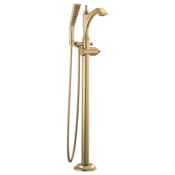 Champagne bronze floor-mount tub filler with curved spout, hand shower wand, and hose.