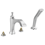 Chrome Roman tub trim with curved spout, hand shower wand, and three valve components on white background.