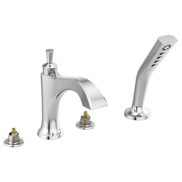 Chrome Roman tub trim with curved spout, hand shower wand, and three valve components on white background.