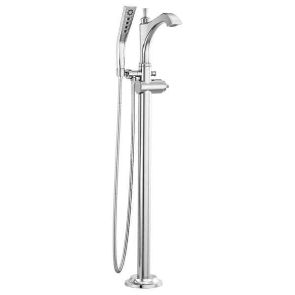 Chrome floor-mount tub filler with curved spout, handheld showerhead, and hose attachment.