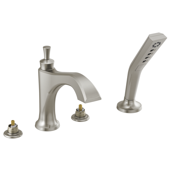Brushed nickel Roman tub trim with curved spout, hand shower, and two valve trim pieces visible.