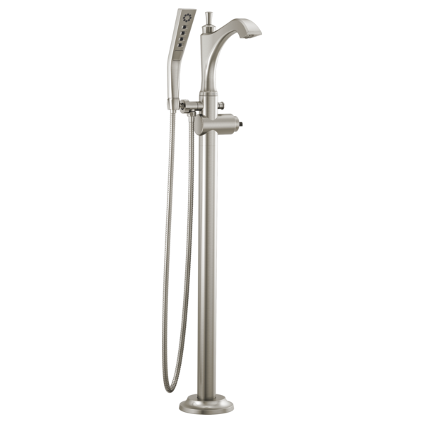 Brushed nickel floor-mount tub filler with curved spout, handheld showerhead, and flexible hose.