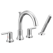 Chrome four-piece roman tub trim with arching spout, lever handles, and detachable hand shower.