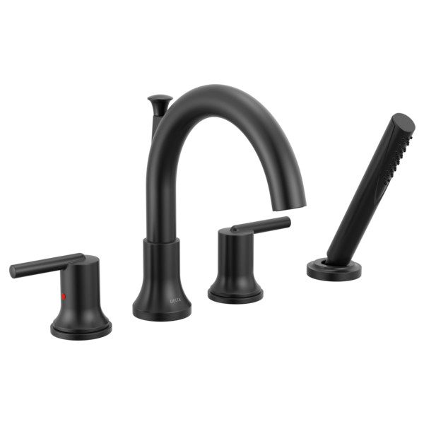 Matte black Roman tub trim set with curved spout, two lever handles, and detachable hand shower.