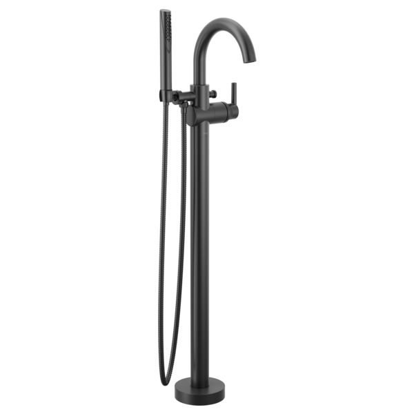 Black floor-mounted tub filler with curved spout, single lever handle, and attached hand shower on hose.